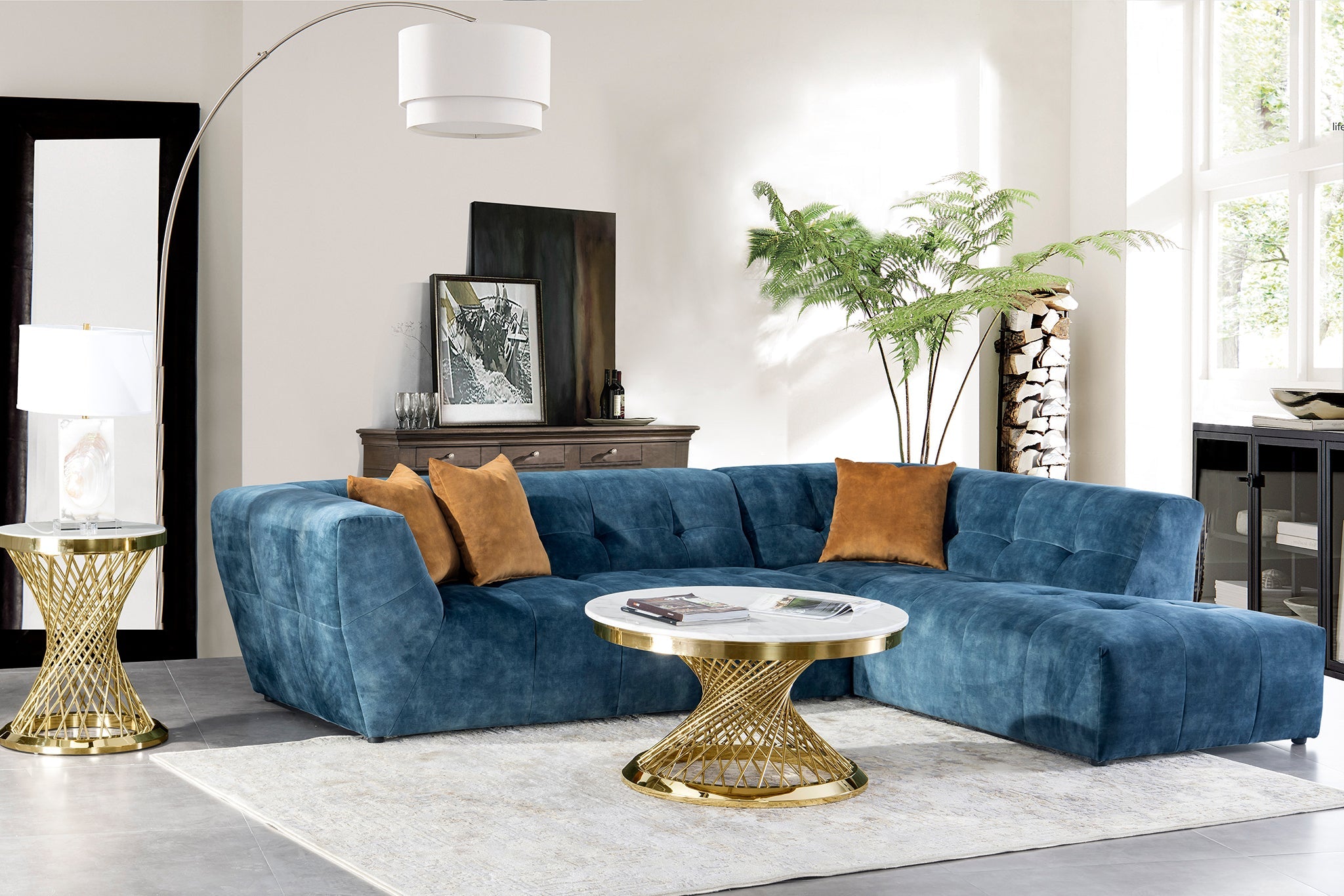 Blue velvet tufted sectional cheap
