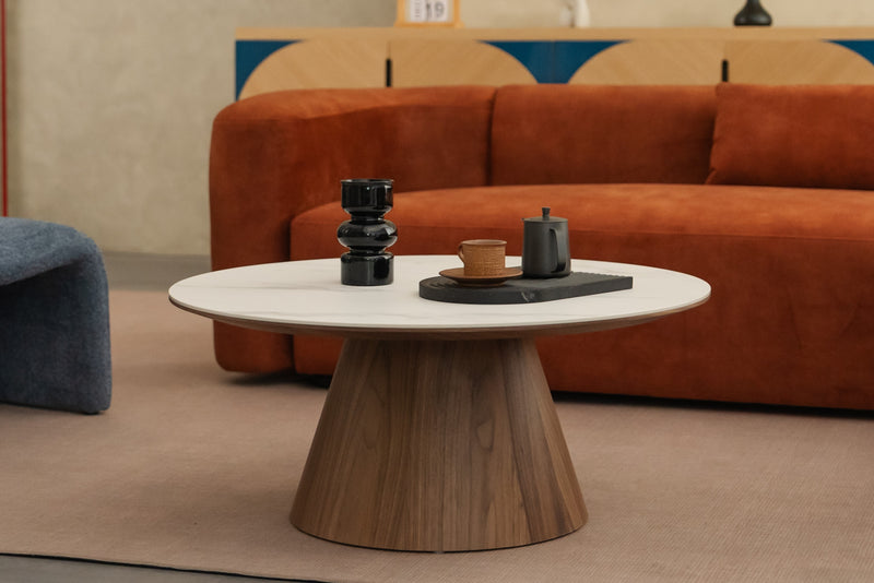 Pure Root modern round pedestal coffee table with sintered stone top 1