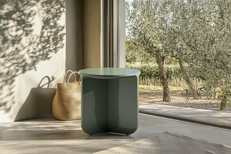 Petal modern round side table olive green with x base 21