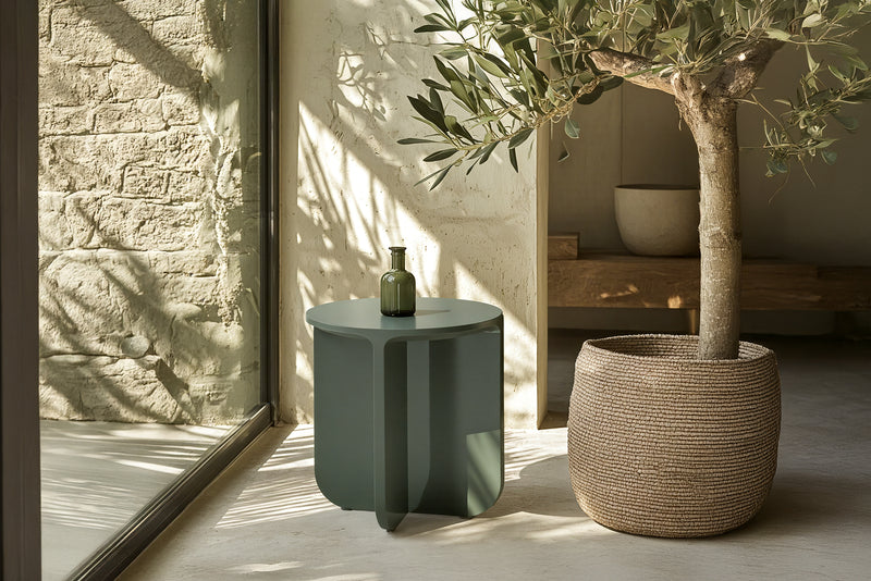 Petal modern round side table olive green with x base 20