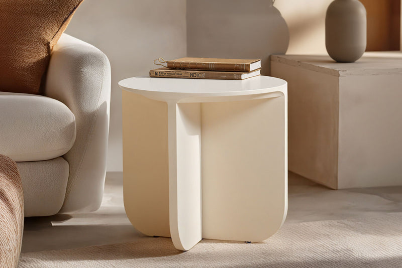 Petal modern round side table off white with x base 28