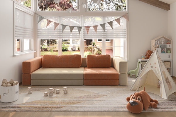 Modular kids play sofa set – CushyLand Maxi + Mini in wool-like cream and tangerine 1