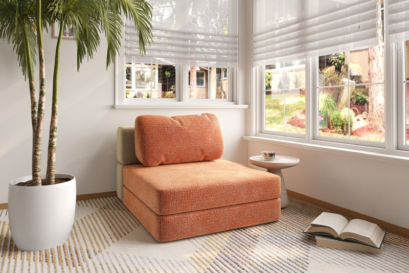 Minimalist kids room with modular play sofa chair in bright tangerine color 43