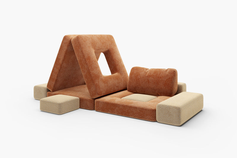 Two CushyLand mini kids play sofas in cream and orange modular design 25