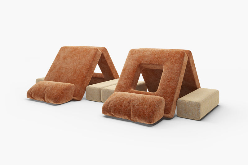 Convertible kids modular couch pieces arranged as two play tents 27