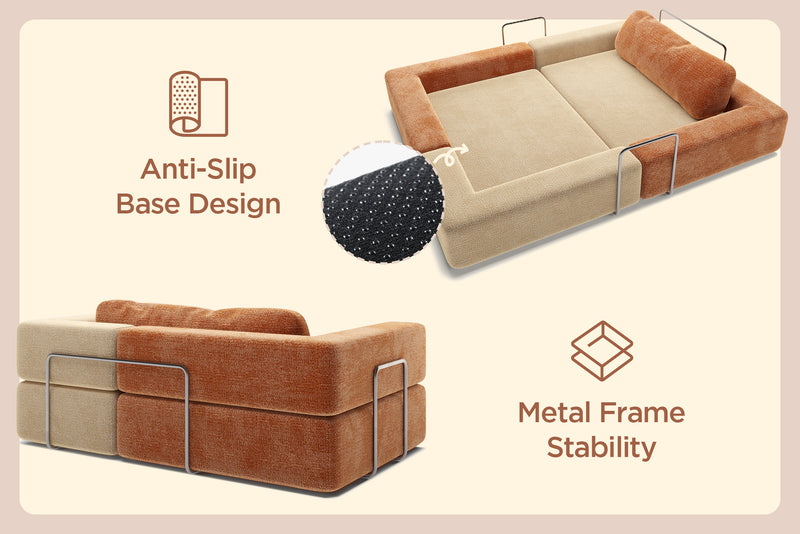 Convertible children’s modular play sofa transformed into a flat play area features 35