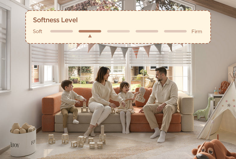 Modular kids play sofa set – CushyLand Maxi + Mini in wool-like cream and tangerine softness level 46