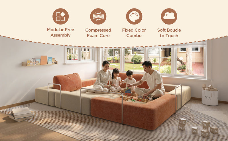 Two CushyLand mini kids play sofas in cream and orange modular design features 24