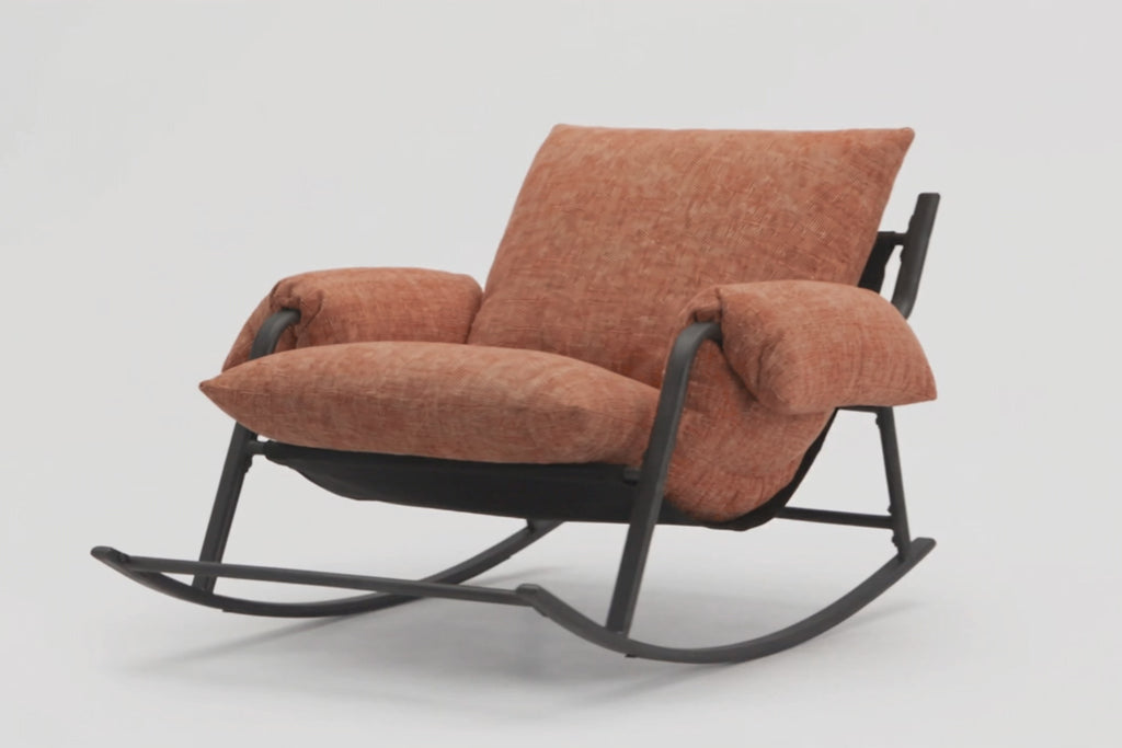 Ember chenille-tangerine upholstered rocking lounge chair with ergonomic support  360 ° video