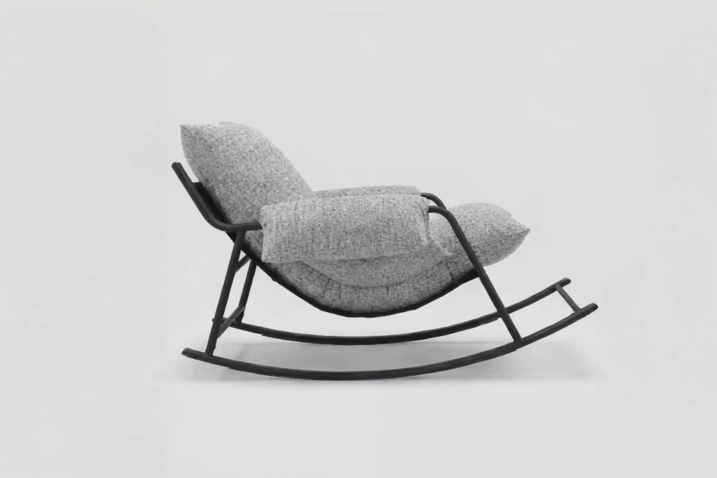 360° view of the Ember terry-grey upholstered outdoor rocking lounge chair with ergonomic support and a black metal frame.